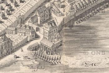 mlýn na plánu Prahy J. D. Hubera z roku 1769 (public domain)