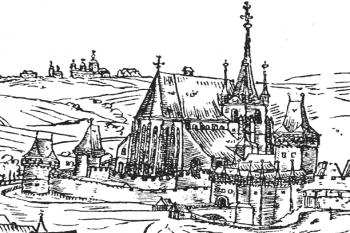 pohled od severovýchodu na počátku 17. století ( © Jan Willenberg (in Antonín Podlaha: Posvátná místa království Českého, Díl 7. Vikariát Slanský, Praha 1913))