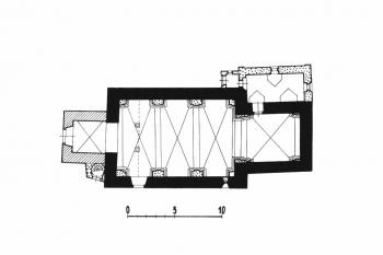 půdorys kostela (© B. Samek: Umělecké památky Moravy a Slezska, část 1. [A/I], Academia, Praha 1994)