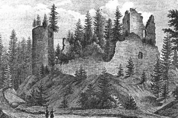 jádro od západu na rytině z r. 1846 ( © J. Richter podle F.A. Hebera (in Ilustrovaná encyklopedie českých hradů, Libri, Praha 1999))
