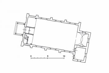 půdorys kostela (© Samek, Bohumil, ed. a Dolejší, Kateřina, ed.: Umělecké památky Moravy a Slezska. 3, O/P. Academia, Praha 2021)