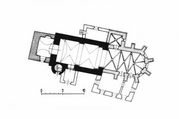 půdorys kostela (© B. Samek: Umělecké památky Moravy a Slezska, část 1. [A/I], Academia, Praha 1994)
