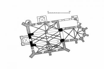 půdorys kostela (© Samek, Bohumil, ed. a Dolejší, Kateřina, ed.: Umělecké památky Moravy a Slezska. 3, O/P. Academia, Praha 2021)