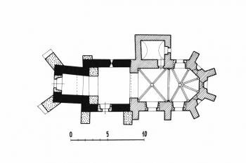 půdorys kostela (© B. Samek: Umělecké památky Moravy a Slezska, část 1. [A/I], Academia, Praha 1994)