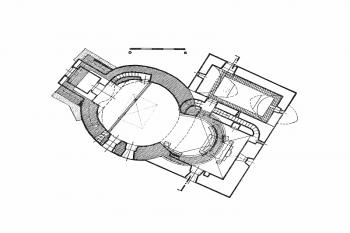 půdorys kostela (© Lubomír Konečný: Zjišťovací prüzkum a rekonstrukce románské rotundy sv. Maří Magdalény v Šebkovících u Znojma, Vlastivědný věstník moravský, roč. 42, č. 1: Muzejní a vlastivědná společnost, Brno 1990)