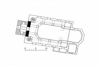 půdorys kostela (© Bohumil Samek: Rudíkov u Třebíče, ves a kostel sv. Petra a Pavla, Vlastivědný věstník moravský 75/2023)