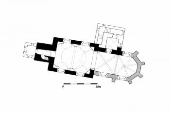půdorys kostela (© Pavel Borský, David Merta, Marek Peška: Márnice u kostela sv. Martina v Čáslavicích. Od románského paláce ke goticko-renesančnímu opevnění, Památky Vysočiny VI, NPÚ ÚOP v Telči, Telč 2015)