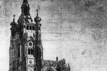 nedostavěná katedrála od jihu, lavírovaná kresba tuší ( © Josef Šemebera, 1820 (in J. Karbaš: Česká a pražská veduta v díle Josefa Šembery (1794-1866), Umění, ročník 31/1983, Ústav teorie a dějin umění ČSAV, Praha 1983))