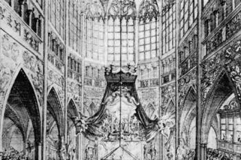 korunovace Marie Terezie, 12. května 1743 ( © rytina M.H. Renze podle kresby J.J. Dietzlera (Z. Hojda: Osvícenský příspěvek k dějinám veduty, Umění 31; Ústav teorie a dějin umění ČSAV, Praha 1983))