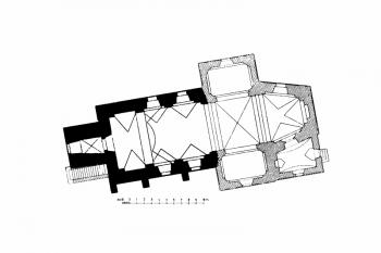 půdorys kostela (© Zdeněk Wirth: Soupis památek historických a uměleckých v Království Českém, sv. 22 Politický okres poličský, Archaelogická komise při České akademii císaře Františka Josefa pro vědy, slovesnost a umění, Praha 1906)