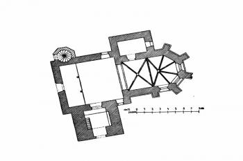 půdorys kostela (© Zdeněk Wirth: Soupis památek historických a uměleckých v Království Českém, sv. 16 Politický okres vysokomýtský, Archaelogická komise při České akademii císaře Františka Josefa pro vědy, slovesnost a umění, Praha 1902)