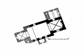 půdorys kostela (© Zdeněk Wirth: Soupis památek historických a uměleckých v Království Českém, sv. 22 Politický okres poličský, Archaelogická komise při České akademii císaře Františka Josefa pro vědy, slovesnost a umění, Praha 1906)