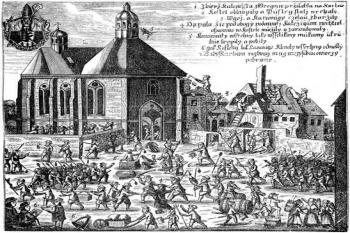 plenění kláštera pražskou lůzou během vpádu pasovských r. 1611 ( © in Karel Navrátil: Kostel a bývalý klášter na hoře Karlově v Praze, vlastním nákladem, Praha 1881)