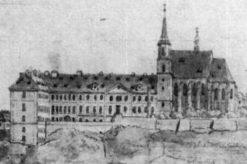 kostel z pankrácké terasy, kolorovaná kresba perem (© Josef Šemebera, 1825 (in J. Karbaš: Česká a pražská veduta v díle Josefa Šembery (1794-1866), Umění, ročník 31/1983, Ústav teorie a dějin umění ČSAV, Praha 1983))