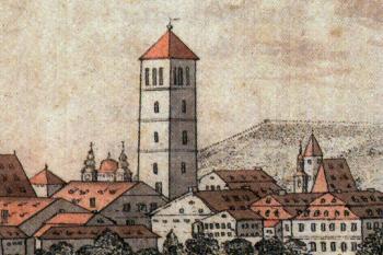 věž v pohledu ze Štvanice na konci 18. století (© Leopold Peukert, kolorovaný lept, 1794 (in: Bečková, Kateřina: Letohrádky, libosady a výletní místa. 2. díl, Pravý břeh Vltavy, Paseka, Praha 2019))