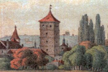 věž z Korunního ostrova na počátku 19. století (© Vincenc Morstadt, akvarel, 1829 (in Bečková, Kateřina: Letohrádky, libosady a výletní místa. 2. díl, Pravý břeh Vltavy, Paseka, Praha 2019))