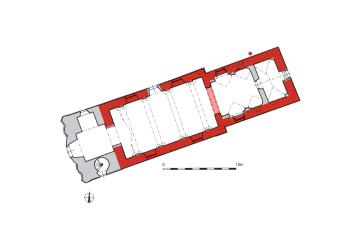 půdorys kostela (© Prix, Dalibor, Seifertová Racková, Eliška a Slavík, Jiří: Středověké venkovské kostely východních Čech. I., Archidiakonát hradecký (do roku 1378). Artefactum, Praha 2020)