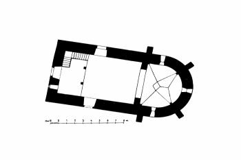 půdorys kostela (© Josef Novák: Soupis památek historických a uměleckých v Království Českém, sv. 14 Politický okres jindřicho-hradecký, Archaelogická komise při České akademii císaře Františka Josefa pro vědy, slovesnost a umění, Praha 1901)