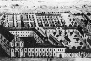 kresba neznámého autora kláštera patrně z 2. poloviny 18. století (fotorepro: Panáček, Jaroslav: Založení augustiniánského kláštera v České Lípě, Vlastivědné muzeum a galerie, Česká Lípa 2010)