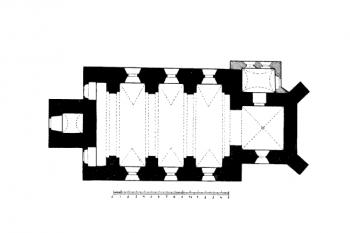 půdorys kostela (©  Josef Soukup: Soupis památek historických a uměleckých v Království Českém, sv. 18 Politický okres Pelhřimovský, Archaelogická komise při České akademii císaře Františka Josefa pro vědy, slovesnost a umění, Praha 1903)