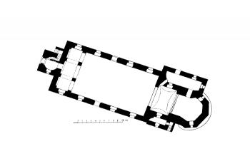 půdorys kostela (© Josef Soukup: Soupis památek historických a uměleckých v Království Českém, sv. 18 Politický okres Pelhřimovský, Archaelogická komise při České akademii císaře Františka Josefa pro vědy, slovesnost a umění, Praha 1903)
