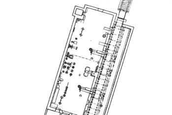 půdorys přízemí hamru, stav r. 1967 ( © ing. arch. S. Mojžíš (in Z. Rasl: K historickému, technickému a stavebnímu vývoji hamru v Dobřívu, Zprávy památkové péče LXIV/4, Národní památkový ústav, Praha 2004))