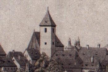 kostel od severovýchodu na konci 18. století (© František a Filip Hegerové, kolorovaný lept, 1796 (in Bečková, Kateřina: Letohrádky, libosady a výletní místa. 2. díl, Pravý břeh Vltavy, Paseka, Praha 2019))