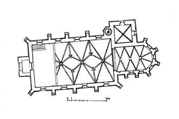 půdorys kostela podle D. Prixe (© D. Prix (in Růžena Baťková a kol.: Umělecké památky Prahy 2 - Nové Město, Vyšehrad, Vinohrady (Praha 1), Academia, Praha 1998))