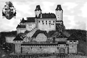 Libštejn - Autorova vize hradu Libštejna v jeho možné vrcholné podobě s erbem pánů Libštejnských z Kolovrat. (© Ladislav Kučera, 02/2011)