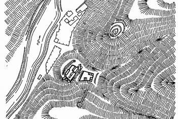 Celková situace hradu s předhradím a oběma předsunutými baštami (zákres do základní mapy) ( © T. Durdík - Ilustrovaná encyklopedie českých hradů - Libri, Praha 2000)