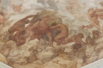 Freska Václava Vavřince Reinera Souboj Titánů (1718) nad hlavním schodištěm (detail) (© Johannes Cladis, 05/2016)