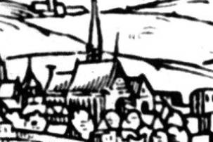 kostel od severozápadu na výřezu z veduty Jana Willenberga, 1602 (© Bořivoj Nechvátal: K staveběhistorickému vývoji baziliky sv. Petra a Pavla na Vyšehradě, Umění XXII/2, Academia, Praha 1974)