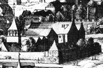 kostel na výřezu z prospektu F. van den Boscha a J. Wechtera, 1606 (© Bořivoj Nechvátal: K staveběhistorickému vývoji baziliky sv. Petra a Pavla na Vyšehradě, Umění XXII/2, Academia, Praha 1974)