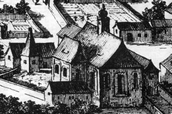 kostel navýřezu z rytiny F. van Ouden-Allena, 1680-85 (© Bořivoj Nechvátal: K staveběhistorickému vývoji baziliky sv. Petra a Pavla na Vyšehradě, Umění XXII/2, Academia, Praha 1974)