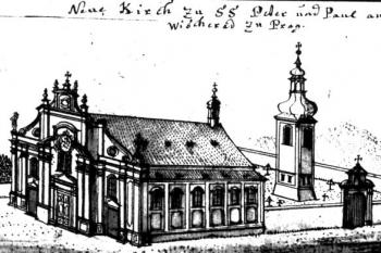 barokní podoba kostela na rytině F. B. Wernera, 1752 (© Bořivoj Nechvátal: K staveběhistorickému vývoji baziliky sv. Petra a Pavla na Vyšehradě, Umění XXII/2, Academia, Praha 1974)