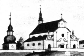 kostel od Smíchova, výřez z kolorovaného leptu A. Gustava, cca 1815 (© Bořivoj Nechvátal: K staveběhistorickému vývoji baziliky sv. Petra a Pavla na Vyšehradě, Umění XXII/2, Academia, Praha 1974)