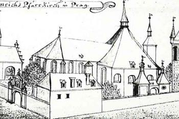 pohled od východu na kresbě cca 1750 ( © F. B. Werner (in Růžena Baťková a kol.: Umělecké památky Prahy 2 - Nové Město, Vyšehrad, Vinohrady (Praha 1), Academia, Praha 1998))
