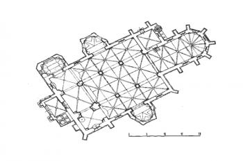 půdorys současného stavu ( © archiv ÚDU AV ČR (in K. Benešovská: Gotická podoba kostela sv. Jindřicha a sv. Kunhuty ..., Průzkumy památek 1995-I, Praha))