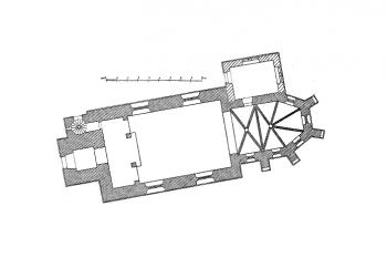 půdorys kostela (© Antonín Podlaha, Eduard Šittler: Soupis památek historických a uměleckých v Království Českém, sv. 15 Politický okres Karlínský, Archaelogická komise při České akademii císaře Františka Josefa pro vědy, slovesnost a umění, Praha 1903)