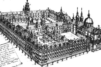 pohled na Klementinum po dostavbě v polovině 18. století ( © F.B. Werner (in Pavel Vlček, Ester Havlová: Praha 1610-1700. Kapitoly o architektuře raného baroka, Libri, Praha 1998))