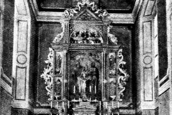 interiér kostela na počátku 20. století (© Antonín Podlaha: Posvátná místa království Českého; Díl 3., Vikariáty: Kralovický, Vlašimský a Zbraslavský, Dědictví sv. Jana Nepomuckého, Praha 1909)