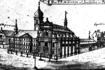 pohled na klášter irských františkánů (hibernů) v pol. 18. století ( © F.B. Werner, c1750 (in Pavel Vlček, Ester Havlová: Praha 1610-1700. Kapitoly o architektuře raného baroka, Libri, Praha 1998))