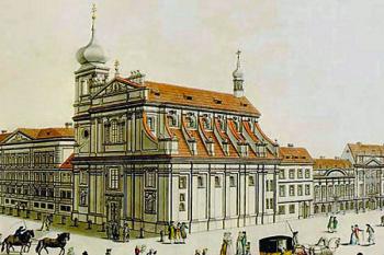 zrušený klášterní kostel - pohled od jihozápadu na akvarelu Filipa a Františka Hererů z r. 1792 ( © P. Jerie: Dům U Hybernů z pohledu památkáře, Zprávy památkové péče 66/6, Nnárodní památkový ústav, Praha 2006)