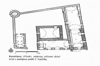 Půdorys přízemí tvrze s analýzou podle F. Kašičky ( © L. Svoboda (Encyklopedie českých tvrzí, II. díl, ARGO 2000))