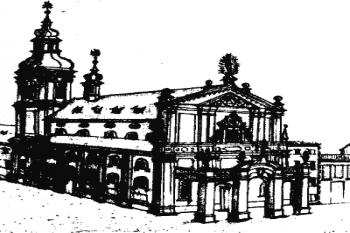 kostel v polovině 18. století ( © F.B. Werner (in Pavel Vlček, Ester Havlová: Praha 1610-1700. Kapitoly o architektuře raného baroka, Libri, Praha 1998))