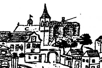 zříceniny konventu na výřezu veduty z 18. století ( © anon. (in kol.: Encyklopedie českých klášterů, Libri, Praha 1997))