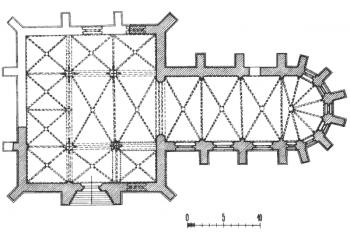 rekonstrukce půdorysu včetně nedostavěné části ( © Umělecké památky Čech, sv. 3 P/Š, Academia, Praha 1980)