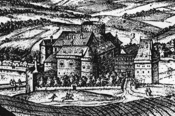 hrad na nejstarší vedutě města z roku 1617 (© Georgius Houfnaglius (fotorepro Jiří Slavík: Trojice nejstarších vyobrazení hradu v Polné, Průzkumy památek XVII/II, Národní památkový ústav, Praha 2010))