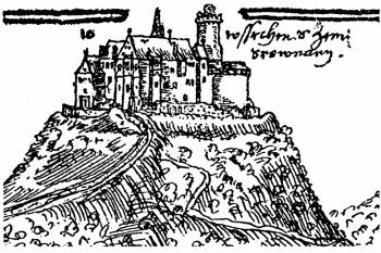 Hrad na počátku 17. století na výřezu z veduty města od Jana Willenberka ( © in T. Durdík - Ilustrovaná encyklopedie českých hradů - Libri, Praha 2000)