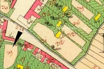 vyznačení předpokládané parcely zaniklé tvrze na mapě stabilního katastru ze 30. let 19. století ( © Jan P. Štěpánek s využitím podkladů archivnimapy.cuzk.cz)